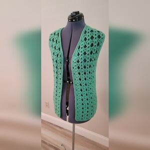 Vintage 70's Hand Crocheted Boho Green Vest Sz M